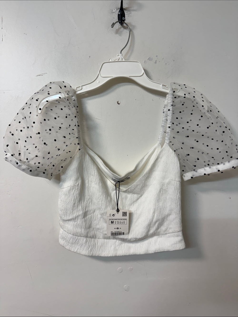 Zara White Crop Top with Black Polka Dot Puff Sleeves